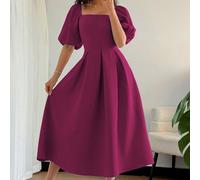Abito da donna elegante e minimalista in stile francese, adatto per l'ufficio, il tempo libero, le vacanze, il pomeriggio del tè e le feste, con collo quadrato, balze sull'orlo, maniche a palloncino e