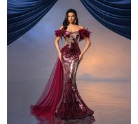 Abito da donna elegante e nobile con decorazione floreale bordeaux, con una spalla e piuma, adatto per feste, cerimonie formali e matrimoni L,M,S,XL,XS,XXLBlocchi di colore,Motivo strutturatoTessuto i