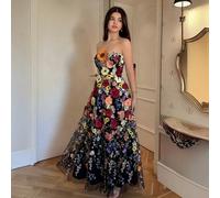 Abito da donna elegante e romantico con ricamo floreale viola e vita stretta in rete, ultima primavera/estate L,M,S,XLPianteTessuto