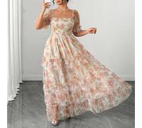 Abito da donna elegante e romantico, in chiffon e maglia con patchwork floreale, adatto per vacanze, tea festa, Pasqua, primavera, feste serali, taglie comode 0XL,1XL,2XL,3XL,4XL,5XLStampa CasualeTess