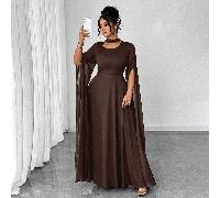 Abito da donna elegante e romantico in stile francese da vacanza, in tessuto chiffon trasparente, scollo a vuoto, lacci incrociati sulla schiena, maxi dress ampio, maniche lunghe, polsini con spacco, 