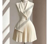Abito da donna elegante e romantico stile OL da ufficio per l'estate, adatto per il pendolarismo e colloqui professionali, stile socialite, senza maniche, con colletto, vita definita e pieghe, beige e