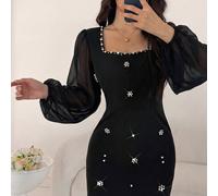 Abito da donna elegante e sofisticato, stile intellettuale, con scollo quadrato, perle e fiori, maniche lunghe, aderente, con vita stretta, effetto snellente, di alta qualità, per primavera/autunno L,
