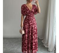 Abito da donna elegante e vacanziero con scollo a V, maniche a balze e arricciature, stile a-line, adatto per la spiaggia, il pomeriggio del tè e le feste L,M,S,XL,XXLstampa dappertutto,MarmoTessuto i