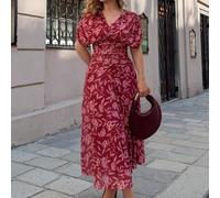 Abito da donna elegante e vacanziero con scollo a V, maniche a balze e arricciature, stile a-line, adatto per la spiaggia, il pomeriggio del tè e le feste L,M,S,XL,XXLstampa dappertuttoTessuto intrecc