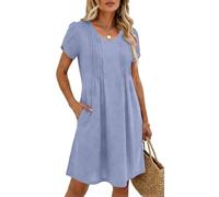 Abito da donna, elegante, estivo, da spiaggia, a maniche corte, linea ad A, lunghezza al ginocchio, con scollo a V, con tasca, casual, per il tempo libero, O azzurro, S