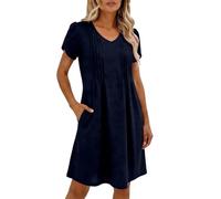 Abito da donna, elegante, estivo, da spiaggia, a maniche corte, linea ad A, lunghezza al ginocchio, con scollo a V, con tasca, casual, per il tempo libero, O blu navy, S