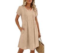 Abito da donna, elegante, estivo, da spiaggia, a maniche corte, linea ad A, lunghezza al ginocchio, con scollo a V, con tasca, casual, per il tempo libero, O beige., M