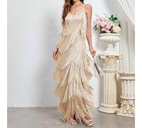Abito da donna elegante, lungo, con spalline a spaghetti, con nappe laterali e spacco, per occasioni formali, feste, matrimoni, eventi serali L,M,S,XL,XXLColore unicoTessuto in maglia