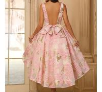 Abito da donna elegante, retrò, meraviglioso, delicato, dolce, romantico, affascinante, alla moda e popolare, con scollo a barca in organza jacquard rosa dorato, schiena scoperta, grande fiocco decora