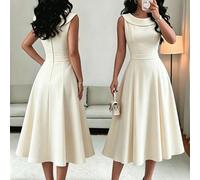 Abito da donna elegante romantico e raffinato, beige, senza maniche, con vita stretta, lunghezza media, linea ad A, adatto per laurea estiva, occasioni formali, lavoro e come ospite a un matrimonio L,