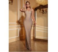 Abito da donna elegante senza maniche, con decorazioni floreali in perle 3D luccicanti, sexy e di lusso, adatto per feste, banchetti, Capodanno, appuntamenti, feste per single, raduni, balli di fine a