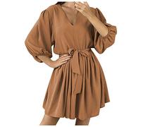 Abito da donna, elegante, sexy, a tre quarti, tinta unita, casual, a vita media, abito da donna, per l'estate (caffè XXL)