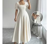 Abito da donna elegante, sofisticato e minimale, adatto per l ufficio, il tempo libero e il tè pomeridiano, con vita segnata, design snellente a più linee, tasche laterali, orlo a-line, maniche corte,