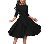 Abito da Donna Elegante, Stile Audrey Hepburn, con Scollo Rotondo, Maniche Corte, Pieghe a 3/4 - Nero - L