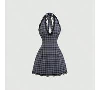 Abito da donna elegante stile Hot Girl con scollo a V e collo all'americana, design patchwork in pizzo, moda americana versatile per il pendolarismo, linea ad A, design in pizzo e quadri, moda elegant
