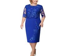 Abito da donna elegante, taglie forti, da donna, a maniche corte, in pizzo, abito midi, da cocktail, da sera, per feste, per l'estate (blu XL)