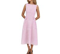 Abito da donna elegante tinta unita casual con scollo a V Midi abiti eleganti comodi lunghi tunic abiti da sole vacanza elastico morbido abito da spiaggia linea vintage senza maniche abito Boho, Rosa