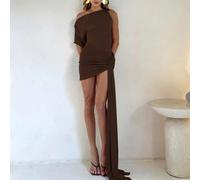 Abito da donna estivo corto con una spalla, arricciato, con laccetti, abito da cocktail sexy ed elegante L,M,S,XSColore unicoPoliestere
