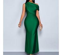 Abito da donna estivo elegante per matrimoni e feste, in tessuto lucido color albicocca, asimmetrico con spalle scoperte, senza maniche, con pannelli, vita aderente e gonna a sirena lunga fino ai pied