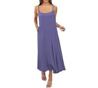 Abito da donna estivo in cotone modale tinta unita con spalline sottili - Maxi abito casual largo taglie forti, Blu scuro, XXL