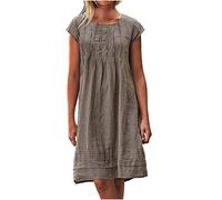 Abito da donna estivo in lino, lunghezza al ginocchio, con scollo rotondo, a maniche corte, estivo, leggero, vintage, alla moda, tinta unita, da spiaggia, a vita alta, 14-caffè, XL