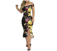 Abito da donna, estivo, sexy, da cocktail, da donna, per feste, matrimoni, feste, sexy, da sera, senza spalline, elegante, da cocktail, con spacco, giallo., S