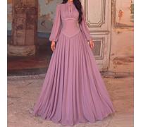 Abito da donna formale in chiffon rosa, elegante abito lungo con colletto alto e maniche a vescovo, con dettagli plissettati, romantico e affascinante per matrimoni e feste L,M,SColore unicoChiffon