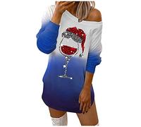 Abito da donna girocollo Merry Christmas con spalle scoperte, maniche lunghe, felpa, abito casual, Blu, L