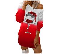 Abito da donna girocollo Merry Christmas con spalle scoperte, maniche lunghe, felpa, abito casual, Rosso, M