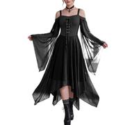 Abito da donna gotico midi con spalle scoperte e maniche a farfalla | Abito da donna spazioso con orlo morbido asimmetrico in chiffon Fair Cosplay Drammatico strati abiti per chiesa carnevale