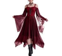 Abito da donna gotico midi con spalle scoperte e maniche a farfalla | Abito da donna spazioso con orlo morbido asimmetrico in chiffon Fair Cosplay Drammatico strati abiti per chiesa carnevale