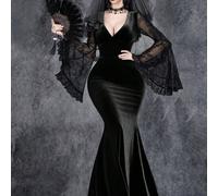 Abito da donna gotico, sexy, retrò, elegante e romantico per Ognissanti, con scollo a V, maniche da strega, ruolo di sirena, in velluto, con inserti in pizzo e rete trasparente per feste L,M,S,XLVellu