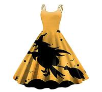 Abito da Donna Halloween, Abito Donna Cerimonia Senza Maniche Elegante Linea Ad a Grandi Abiti Svasati con Spalline Sottili Abito Lungo Casual con Stampa di Halloween