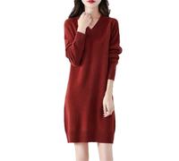 Abito da donna in 100% lana merino, lavorato a maglia, con scollo a V, gonna dritta di media lunghezza, per l'inverno, caldo e spesso, Rosso, L