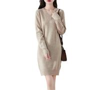Abito da donna in 100% lana merino, lavorato a maglia, con scollo a V, gonna dritta di media lunghezza, per l'inverno, caldo e spesso, Beige, S