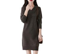 Abito da donna in 100% lana merino, lavorato a maglia, con scollo a V, gonna dritta di media lunghezza, per l'inverno, caldo e spesso, Marrone scuro, M
