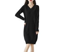 Abito da donna in 100% lana merino, lavorato a maglia, con scollo a V, gonna dritta di media lunghezza, per l'inverno, caldo e spesso, Nero , S