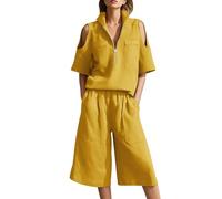 Abito da donna in 2 pezzi con spalle scoperte, colletto rialzato a mezza zip, maniche corte con tasche applicate sul petto e vita elasticizzata culottes a gamba larga con tasche laterali, Giallo, 5XL