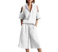 Abito da donna in 2 pezzi con spalle scoperte, colletto rialzato a mezza zip, maniche corte con tasche applicate sul petto e vita elasticizzata culottes a gamba larga con tasche laterali, bianco, 5XL