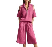 Abito da donna in 2 pezzi con spalle scoperte, colletto rialzato a mezza zip, maniche corte con tasche applicate sul petto e vita elasticizzata culottes a gamba larga con tasche laterali, Rosa acceso