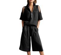 Abito da donna in 2 pezzi con spalle scoperte, colletto rialzato a mezza zip, maniche corte con tasche applicate sul petto e vita elasticizzata culottes a gamba larga con tasche laterali, Nero , 5XL