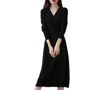 Abito da donna in cashmere con scollo a V, a maniche lunghe, spesso, lavorato a maglia, in lana merino, Nero , L
