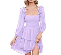 Abito da donna in chiffon con schiena scoperta, tinta unita, con scollo quadrato, per il tempo libero, a maniche lunghe, linea ad A, da principessa, lunghezza al ginocchio, abito da sera