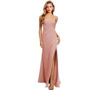Abito da donna in chiffon con spalline sottili, abito da damigella d'onore, lungo scollo quadrato, abito da sera formale, abito da sposa con spacco, Rosa polvere, 50 Più