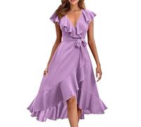 Abito da donna in chiffon lungo, abito estivo da spiaggia, linea ad A, con scollo a V, in chiffon, estivo, con volant, leggero, tinta unita, per il tempo libero con cintura, Lilla, L