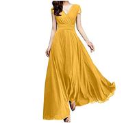 Abito da donna in chiffon, lungo, elegante, da sera, da matrimonio, con maniche corte, scollo a V, da cocktail, con vita alta, abito avvolgente, abito da festa, tinta unita, abito per il tempo libero