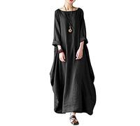 Abito da donna in cotone a maniche lunghe, maxi abito in lino con tasche, scollo a V, con pieghe, a strati, stile boho, casual, retrò, caftano, largo, oversize, comodo, Nero , L