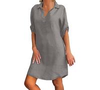 Abito da donna in cotone e lino, casual, tinta unita, scollo a V, maniche corte, lunghezza al ginocchio, tunica da donna, estivo, con risvolto, bottoni, abito da spiaggia, abito da lavoro, A#2-grigio,
