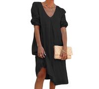 Abito da Donna in Cotone e Lino con Scollo a V, Casual, Ampio, Tinta Unita, Midi, Stile Fluido, Lungo, Maniche a Tre Quarti, Nero, Taglia S